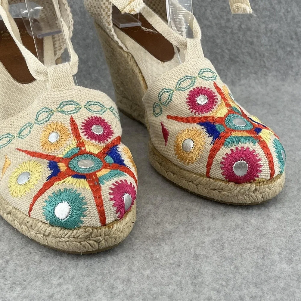 Andre Assous Espadrille Sandals Womens 6.5 Wedge Embroidered Ankle‎ Tie Summer